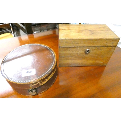 458 - Antique tea caddy a/f and round leather case.