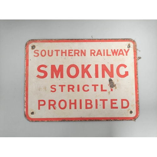 433 - Southern Railway 'Smoking Prohibited Warning Enamel Sign, red lettering on a white ground, inscribed... 