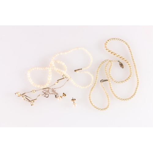 508 - Two single strand pearl necklaces with 9ct gold closures, a pair of 9ct gold pearl ear studs, and a ... 