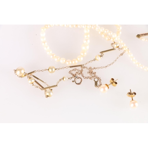 508 - Two single strand pearl necklaces with 9ct gold closures, a pair of 9ct gold pearl ear studs, and a ... 