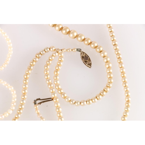 508 - Two single strand pearl necklaces with 9ct gold closures, a pair of 9ct gold pearl ear studs, and a ... 