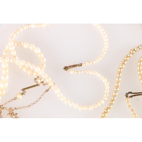 508 - Two single strand pearl necklaces with 9ct gold closures, a pair of 9ct gold pearl ear studs, and a ... 