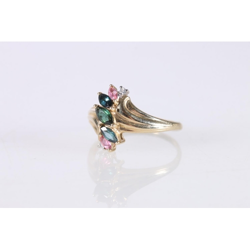 513 - 9ct gold dress ring set with three green navette shape tourmalines flanked by pink topaz and two sma... 