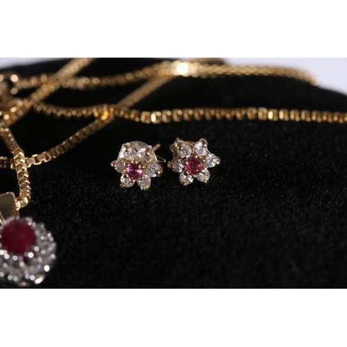 514 - 9ct gold ruby and white stone cluster pendant on 9ct gold chain with matching earrings