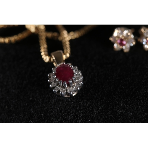 514 - 9ct gold ruby and white stone cluster pendant on 9ct gold chain with matching earrings