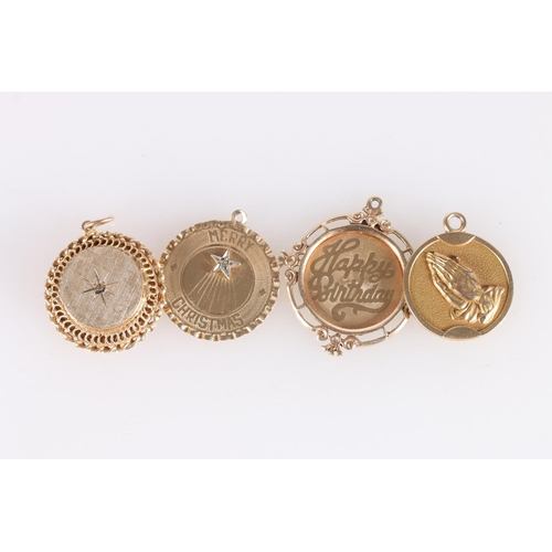 526 - Three 14ct gold fob type pendants together with a similar 14ct gold locket pendant, 19.1g