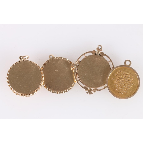 526 - Three 14ct gold fob type pendants together with a similar 14ct gold locket pendant, 19.1g