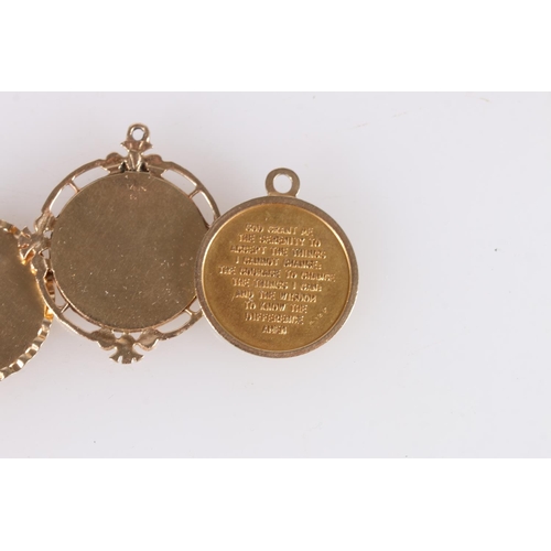 526 - Three 14ct gold fob type pendants together with a similar 14ct gold locket pendant, 19.1g