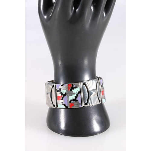 530 - Continental or American modernist Art Deco silver bracelet, the panels decorated in abstract polychr... 