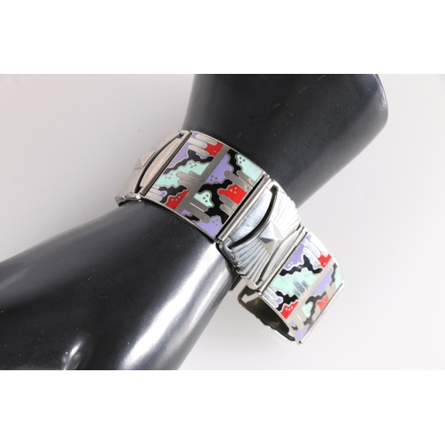 530 - Continental or American modernist Art Deco silver bracelet, the panels decorated in abstract polychr... 