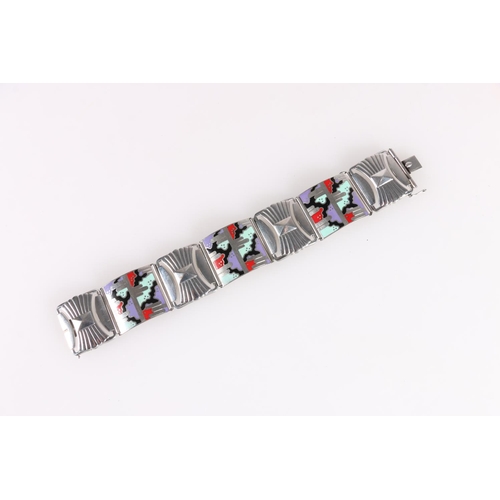 530 - Continental or American modernist Art Deco silver bracelet, the panels decorated in abstract polychr... 