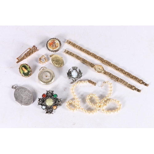 544 - Costume jewellery including dress watches, brooches, boutonniere lapel holder etc. (qty)