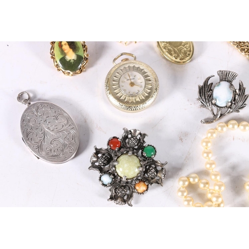 544 - Costume jewellery including dress watches, brooches, boutonniere lapel holder etc. (qty)