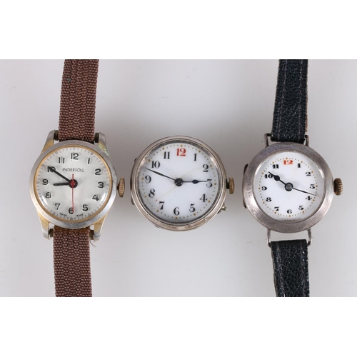 548 - Early 20th century trench style silver wristwatch, a similar wristwatch head and an Ingersoll wristw... 