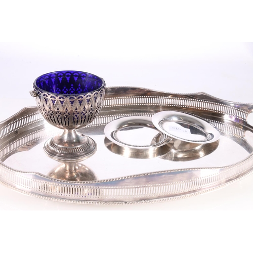 566 - Silver plated butlers tray with pierced gallery border, pedestal bowl with rope handle and blue glas... 