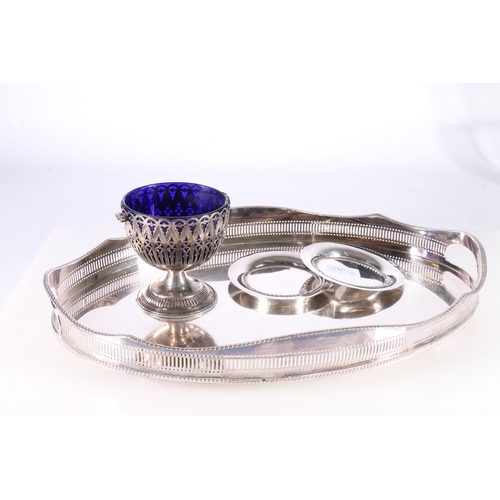 566 - Silver plated butlers tray with pierced gallery border, pedestal bowl with rope handle and blue glas... 