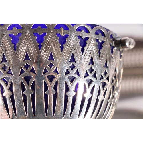 566 - Silver plated butlers tray with pierced gallery border, pedestal bowl with rope handle and blue glas... 