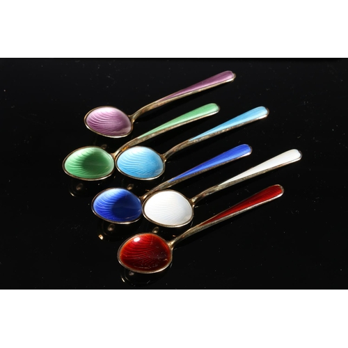 576 - Six mid-20th century Norwegian silver and enamel coffee spoons in fitted case, NM Thune of Oslo.