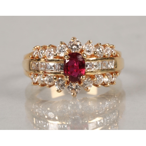 103 - Ladies 14 k gold Ruby and Diamond ring, Central ruby flanked by four square cut diamonds either side... 