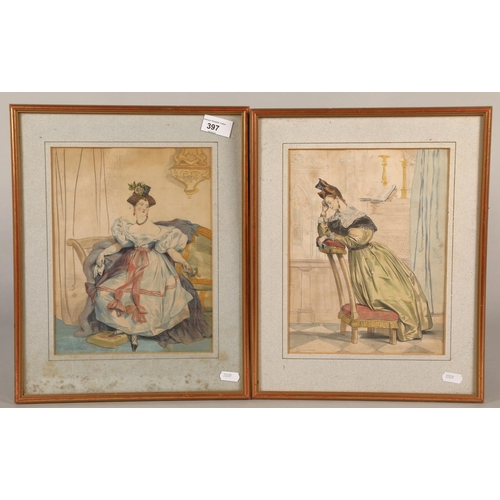 397 - Two 19th century prints of 'Ladies bored at parties' 20 x 18 cm each ( 30x39 cm including frames) (2... 