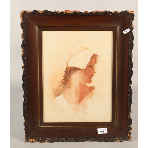 403 -  Portrait of maiden' watercolour on paper, monogramed AMS '09, in wooden frame m 27 x 37 cm ( 4... 