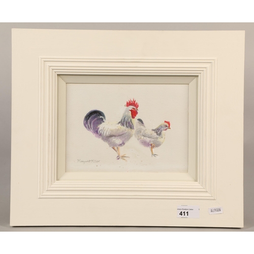 411 - Margaret Miller, 'Hens' water colour on paper, signed 22 x 18cm (40 x 34 cm including frame)