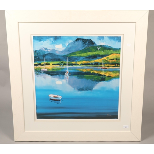 429 - Daniel Campbell, loch scene with boats and mountains, 60cm x 60cm (90cm x 90cm)