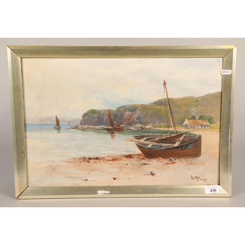 430 - Illegibly signed, oil on canvas, rural beach scene with boats and cottage, 34cm x 52cm (58cm x 40cm)