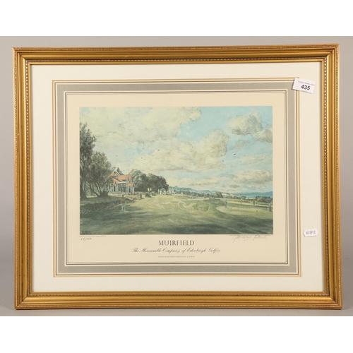 435 - Five framed prints of famous golf courses to include Muirfield, Turnberry, Carnoustie, etc