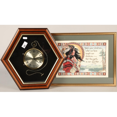 436 - Framed print of Stirling Castle, framed Native American print and hexagonal wall clock