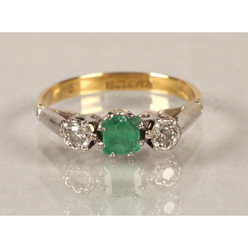 63 - 18 ct gold and platinum diamond and emerald ring.ring size J