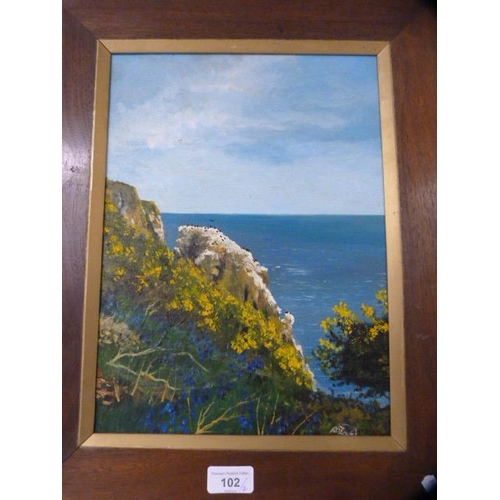 102 - Modern oil on board of a seascape, signed indistinctly, and another oil on board depicting a mountai... 