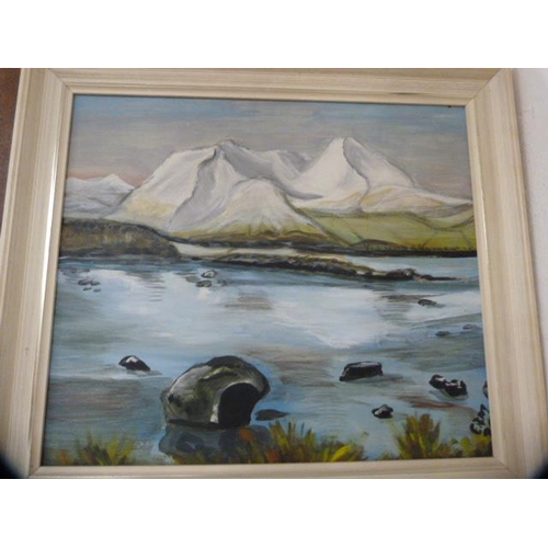 102 - Modern oil on board of a seascape, signed indistinctly, and another oil on board depicting a mountai... 