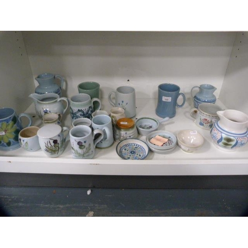 109 - Buchan stoneware to include mugs, jugs, dishes and tankards (one shelf).