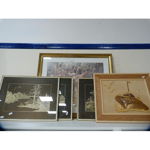 114 - Print after Hornel, three Japanese pictures, and a wooden picture depicting a ship.  (5)