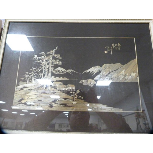 114 - Print after Hornel, three Japanese pictures, and a wooden picture depicting a ship.  (5)