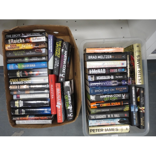 124 - Two cartons containing hardback novels to include Andy McNab, Karin Slaughter, Clive Cussler, Martin... 