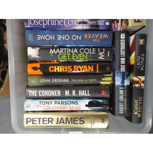 124 - Two cartons containing hardback novels to include Andy McNab, Karin Slaughter, Clive Cussler, Martin... 