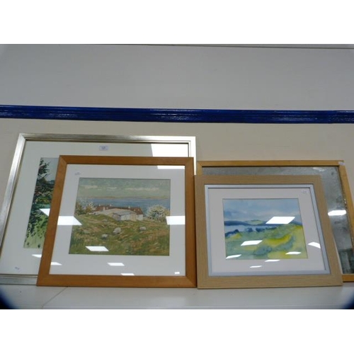 125 - Wall mirror, contemporary abstract watercolour, Stewart Orr watercolour, and another watercolour, si... 