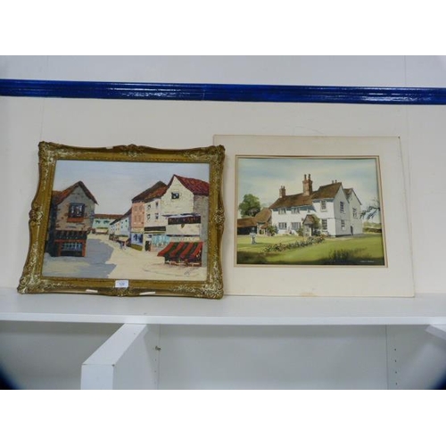 128 - George MurisContinental village sceneOil on board, and a watercolour by Ronald Maddox of a house.  (... 