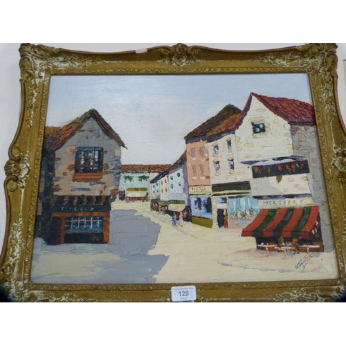 128 - George MurisContinental village sceneOil on board, and a watercolour by Ronald Maddox of a house.  (... 