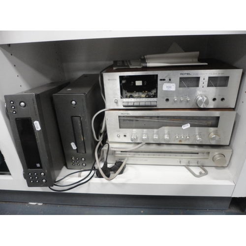 131 - Rotel stereo receiver and cassette deck, Hitachi tuner and a Wharfedale CD player.