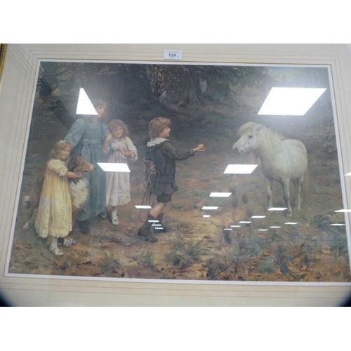 134 - Oak picture frame with mount and glass, also a print after Arthur J Elsley of children feeding a pon... 