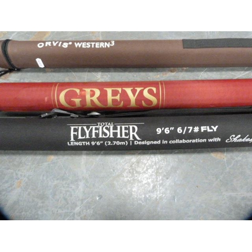 145 - Three fishing rods to include a Shakespeare 9ft 6in three-piece fly rod, Orvis Western 3 three-piece... 