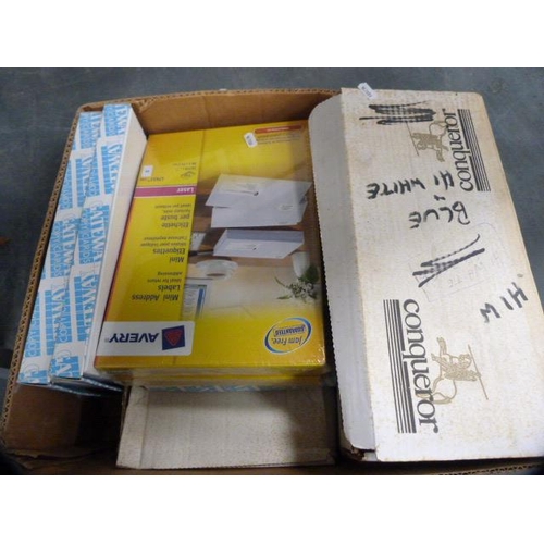 153 - Carton containing Avery and other labels, copier paper, Conqueror envelopes and other stationery.