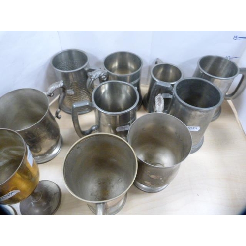 162 - Group of pewter and EP tankards and goblets, also a cased EP christening spoon and fork.