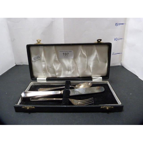 197 - Three-piece silver christening set in fitted case, hallmarks for Birmingham.