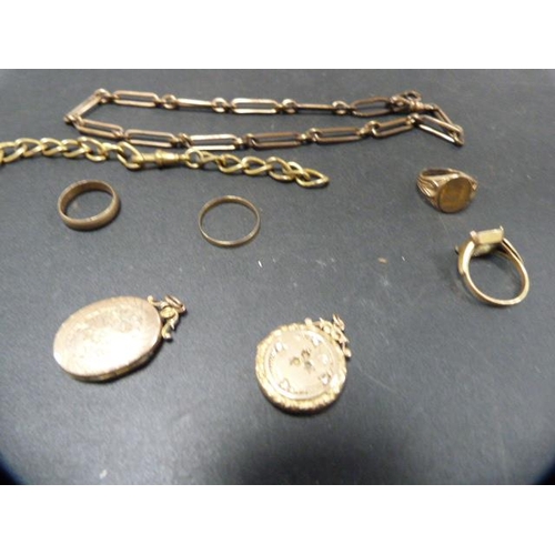 219 - Rolled gold jewellery to include watch guard, rings, lockets etc.