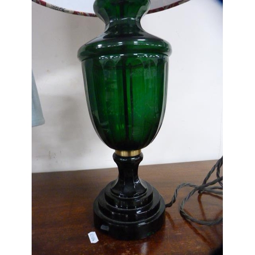 262 - Victorian-style green glass urn-shaped vase, converted to a table lamp, and another smaller table la... 