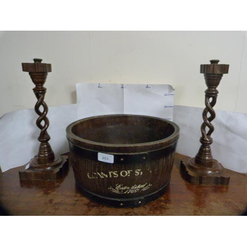 263 - Coopered barrel planter and a pair of oak candlesticks.  (3)